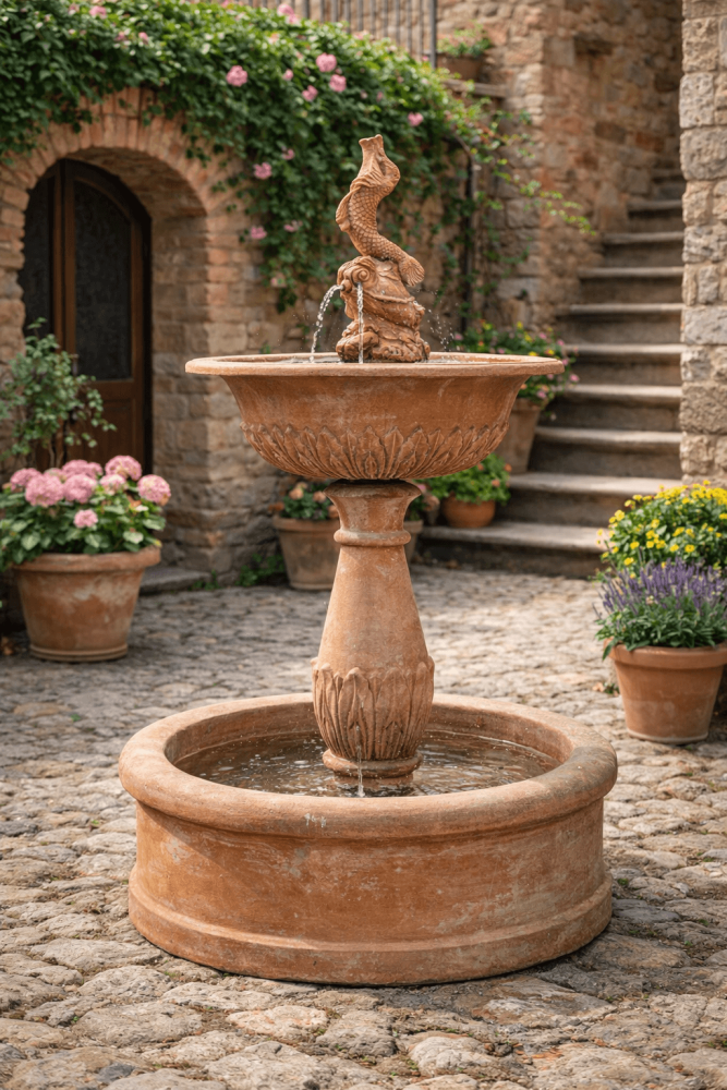 Fontaine en terre cuite d’Impruneta avec poisson baroque – artisanat toscan d’exception